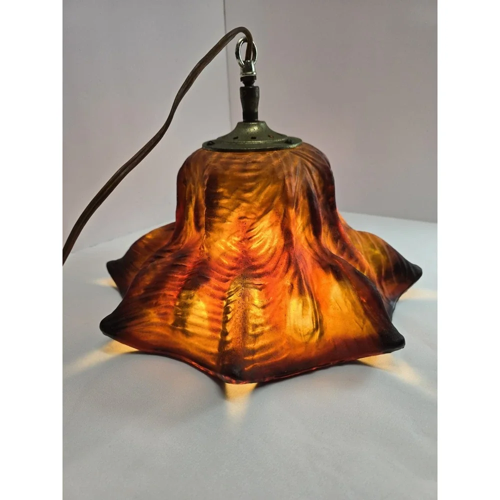 Vintage Mid Century Modern MCM SWAG Lamp Light Amber Glass Pendant Swag Lamp
